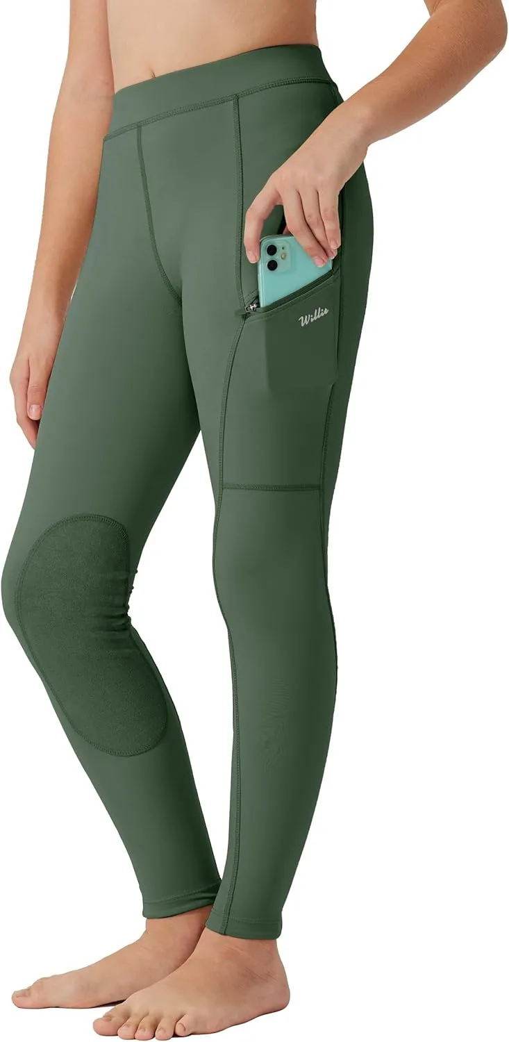 Willit Girls Horse Riding Pants Tights Kids Equestrian Breeches Knee-Patch Youth Schooling Tights Zipper Pockets
