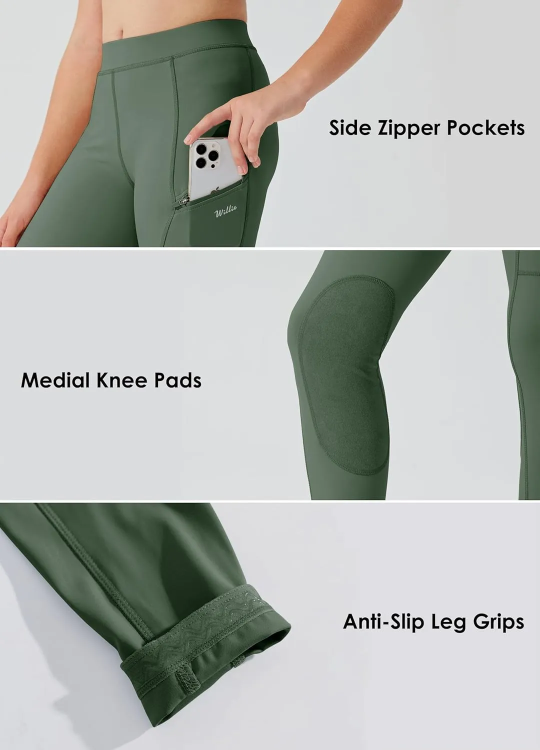 Willit Girls Horse Riding Pants Tights Kids Equestrian Breeches Knee-Patch Youth Schooling Tights Zipper Pockets