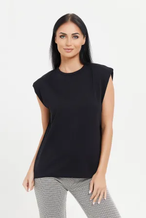 Women Black Sleeveless Padded Shoulder Top