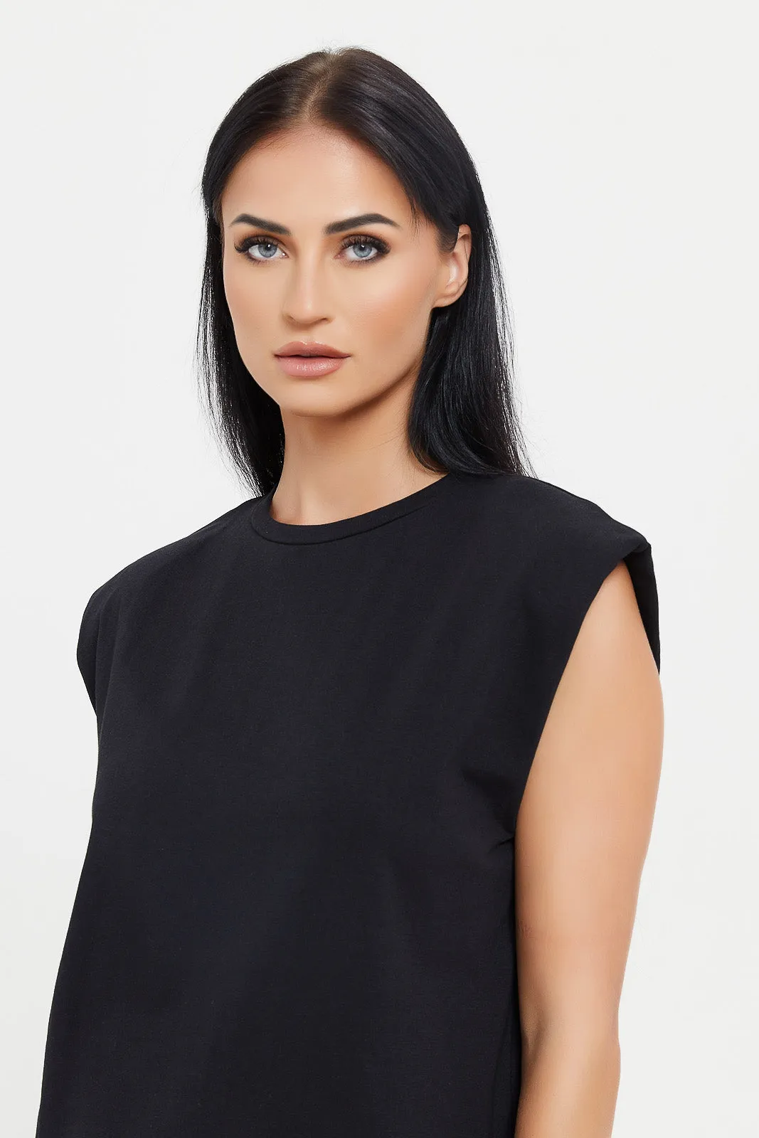 Women Black Sleeveless Padded Shoulder Top