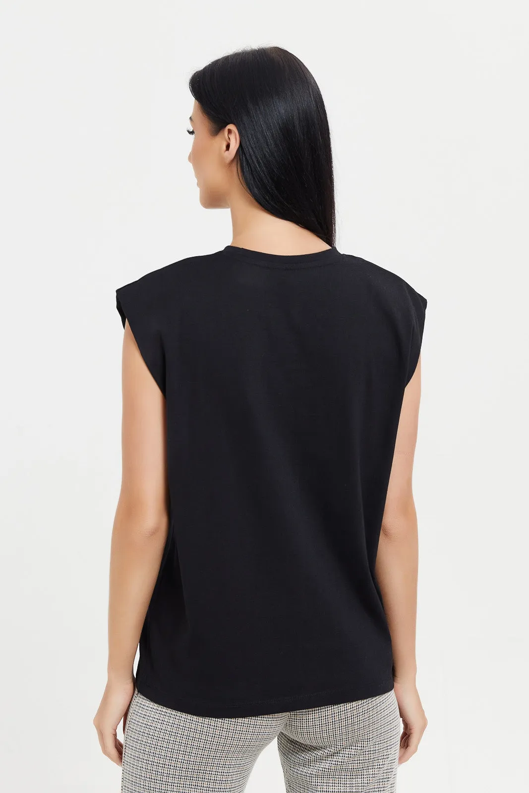 Women Black Sleeveless Padded Shoulder Top
