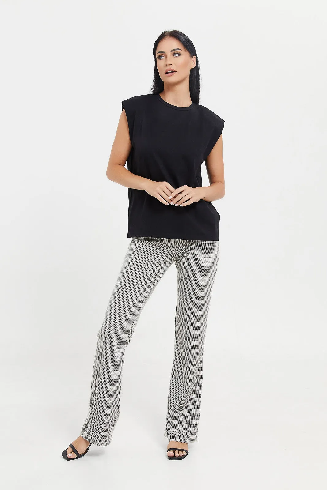Women Black Sleeveless Padded Shoulder Top
