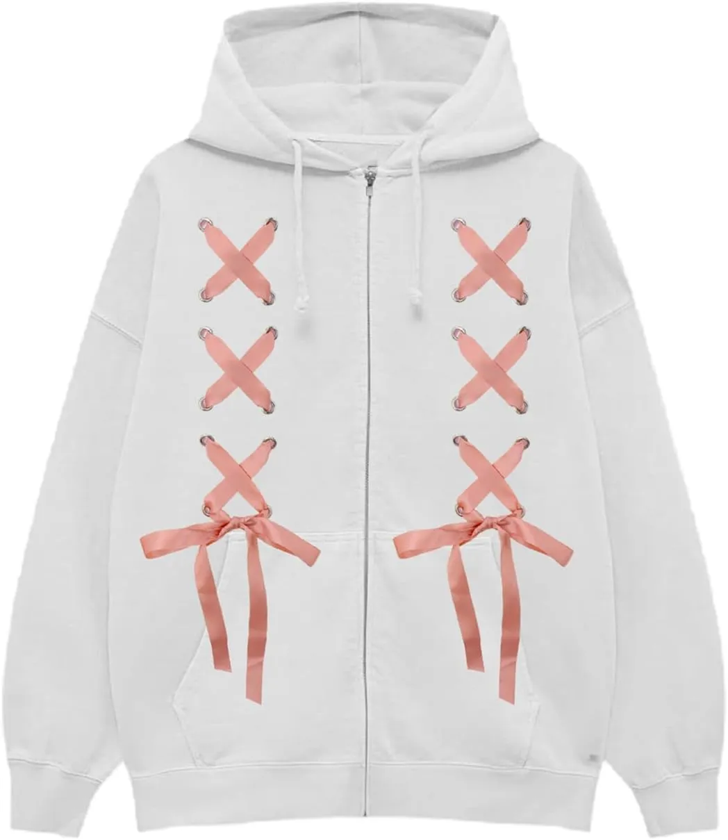 Women Cute Zip up Hoodies Cross Tie Up Bow Loose Oversized Long Sleeve Hooded Sweatshirt Fall Jacket with Pockets