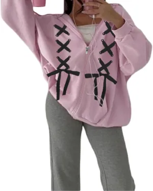 Women Cute Zip up Hoodies Cross Tie Up Bow Loose Oversized Long Sleeve Hooded Sweatshirt Fall Jacket with Pockets