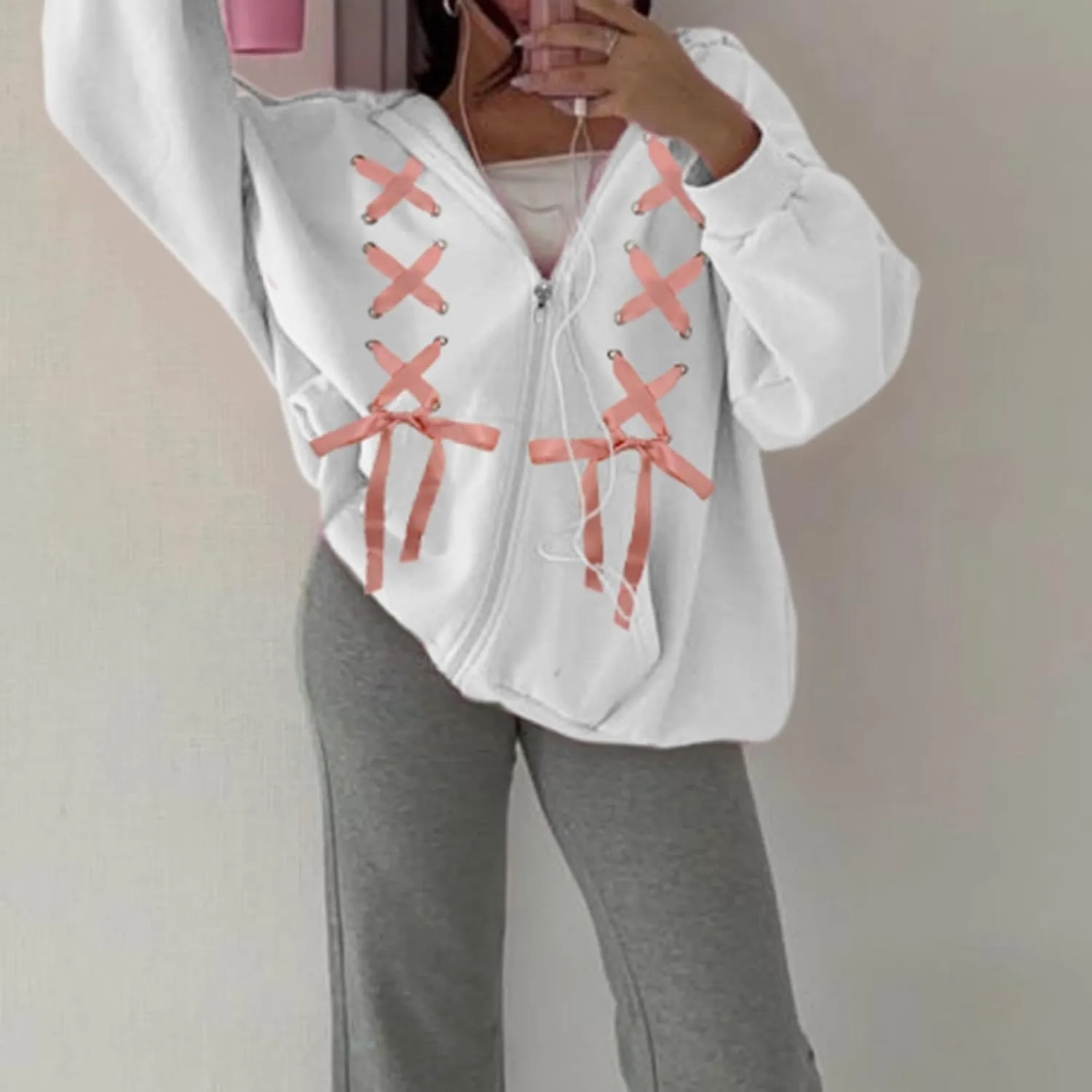 Women Cute Zip up Hoodies Cross Tie Up Bow Loose Oversized Long Sleeve Hooded Sweatshirt Fall Jacket with Pockets