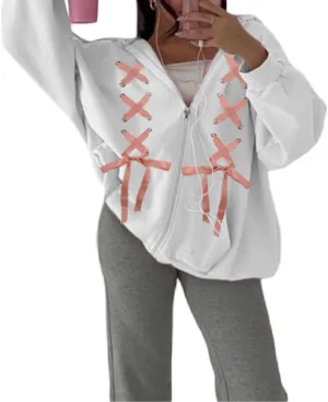 Women Cute Zip up Hoodies Cross Tie Up Bow Loose Oversized Long Sleeve Hooded Sweatshirt Fall Jacket with Pockets