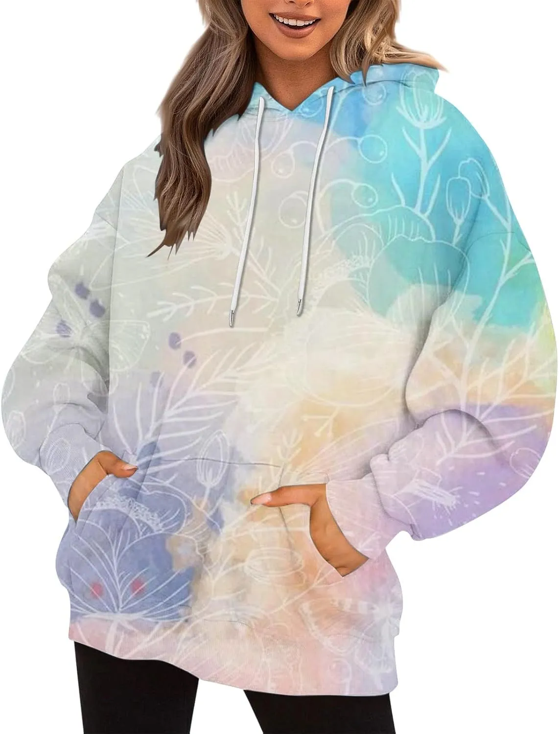 Women Fashion Tie Dye Sweatshirts Long Sleeve Hoodies Loose Oversized Pullover Casual Fall Winter Hoodies With Pocket