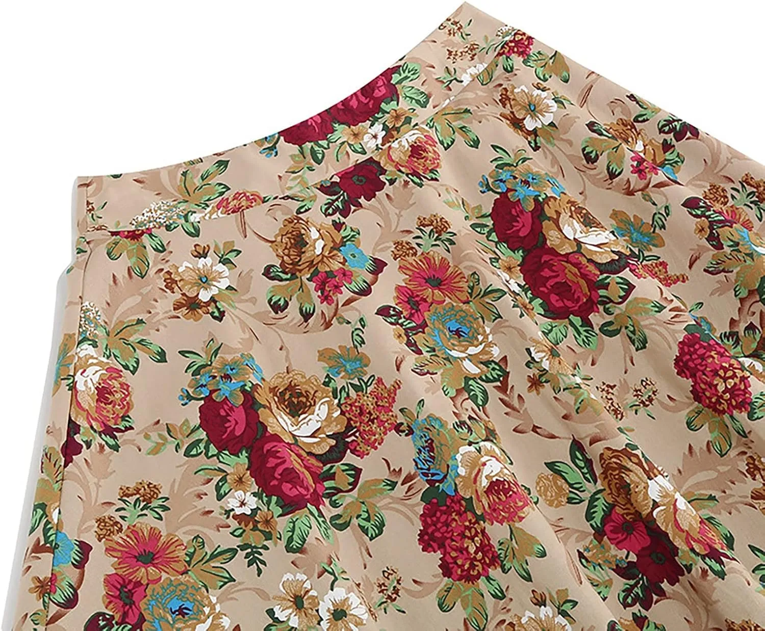 Women Floral Printed Skirt Elastic Waist A-Line Knee Length Skirt Vintage Pleated Midi Skirt