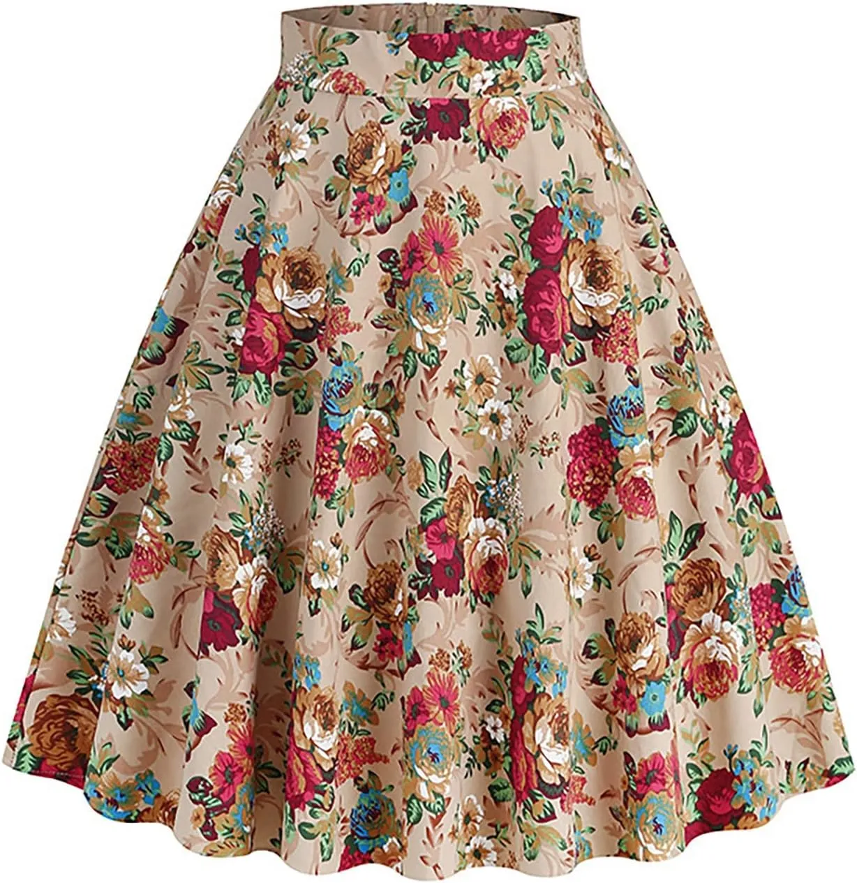 Women Floral Printed Skirt Elastic Waist A-Line Knee Length Skirt Vintage Pleated Midi Skirt