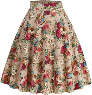 Women Floral Printed Skirt Elastic Waist A-Line Knee Length Skirt Vintage Pleated Midi Skirt
