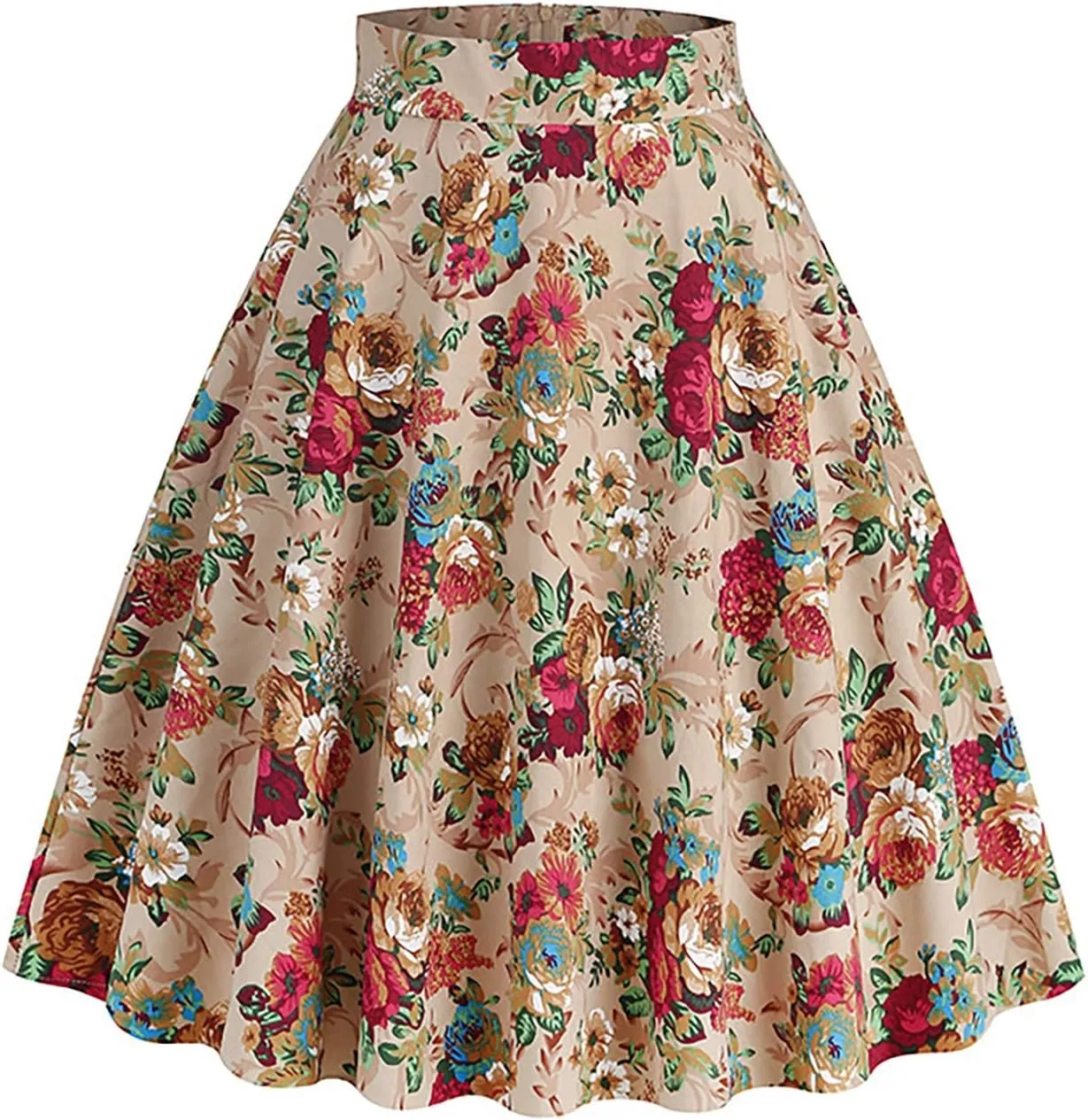 Women Floral Printed Skirt Elastic Waist A-Line Knee Length Skirt Vintage Pleated Midi Skirt