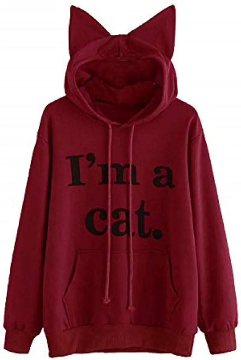 Women Girl Hoodies Cute Cat Ear Novelty Printed Pullover Sweatshirt