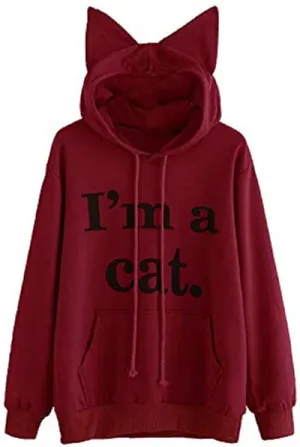 Women Girl Hoodies Cute Cat Ear Novelty Printed Pullover Sweatshirt