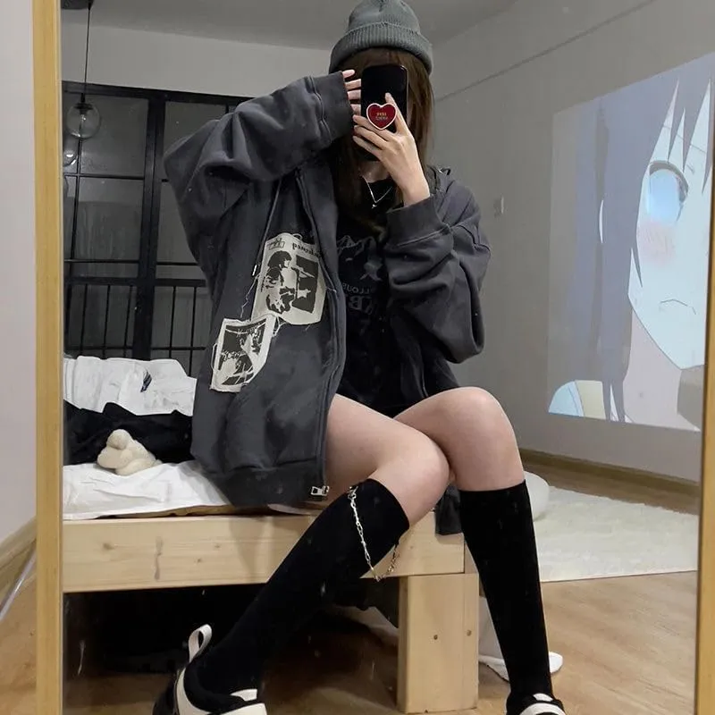 Women Oversized Hoodie Y2K Zip Up Hoodie Vintage Graphic Hoodies Trendy Hoodies Y2K Streetwear Grunge Emo Alt Clothes
