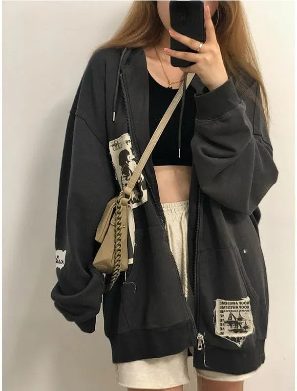 Women Oversized Hoodie Y2K Zip Up Hoodie Vintage Graphic Hoodies Trendy Hoodies Y2K Streetwear Grunge Emo Alt Clothes