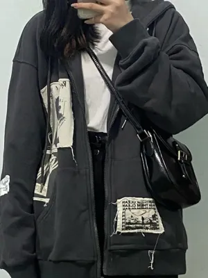 Women Oversized Hoodie Y2K Zip Up Hoodie Vintage Graphic Hoodies Trendy Hoodies Y2K Streetwear Grunge Emo Alt Clothes