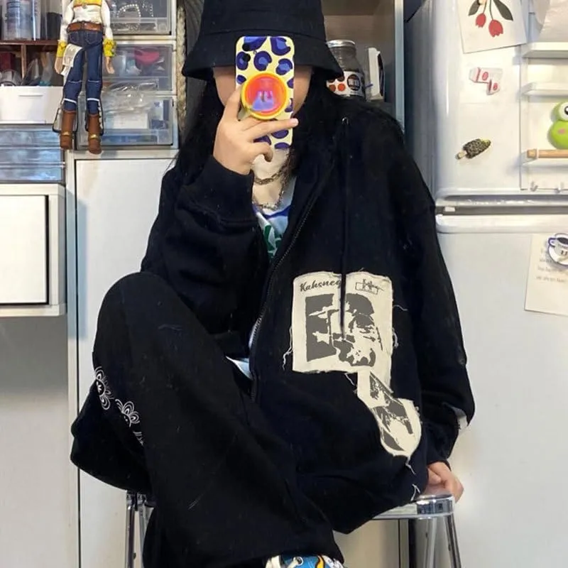 Women Oversized Hoodie Y2K Zip Up Hoodie Vintage Graphic Hoodies Trendy Hoodies Y2K Streetwear Grunge Emo Alt Clothes