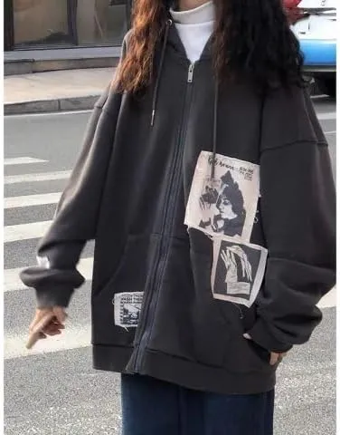 Women Oversized Hoodie Y2K Zip Up Hoodie Vintage Graphic Hoodies Trendy Hoodies Y2K Streetwear Grunge Emo Alt Clothes