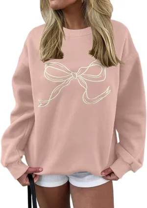 Women Oversized Sweatshirt Bow Crewneck Long Sleeve Fleece Pullover Top Clean Girl Aesthetic Fall Sweatshirt Outfits