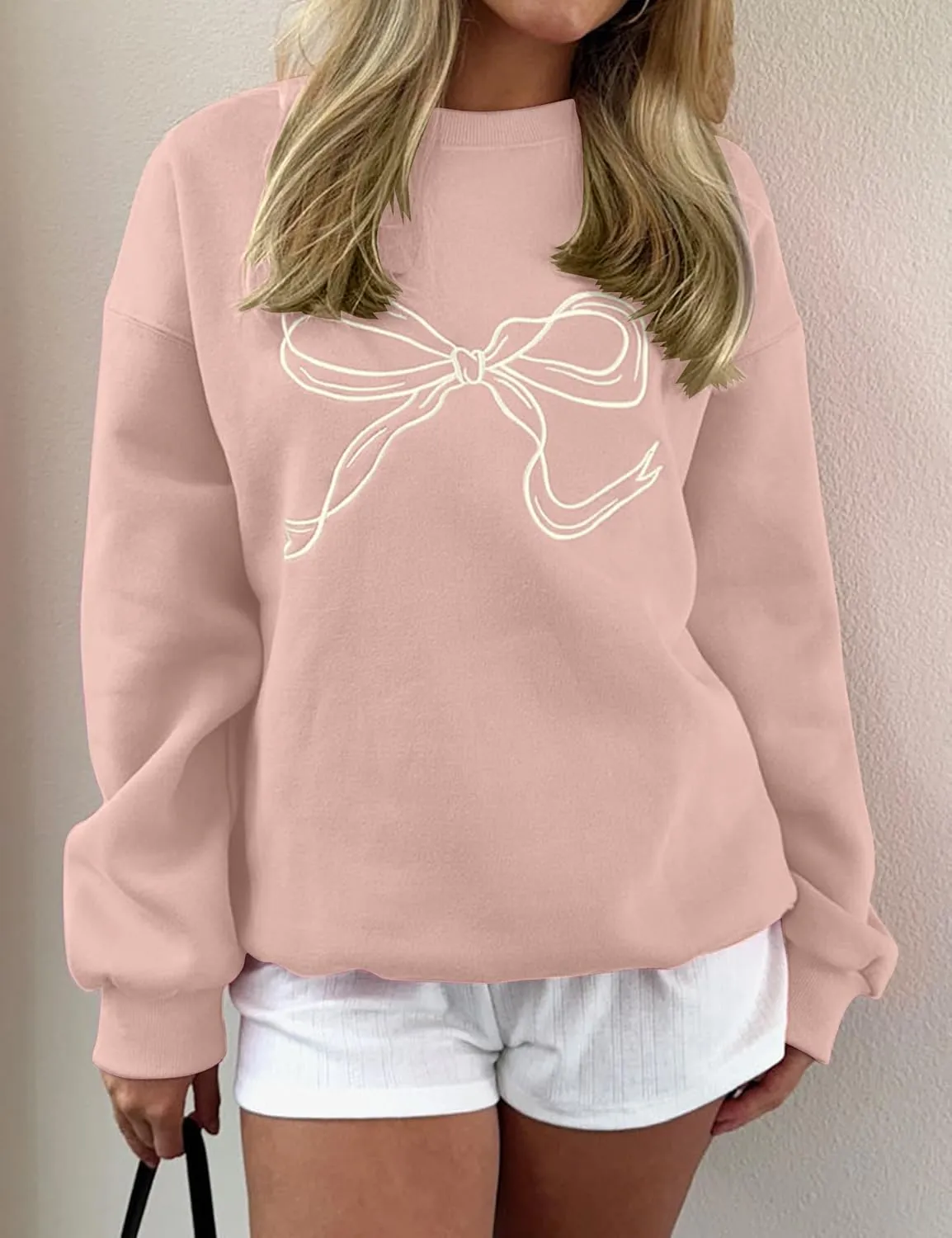 Women Oversized Sweatshirt Bow Crewneck Long Sleeve Fleece Pullover Top Clean Girl Aesthetic Fall Sweatshirt Outfits