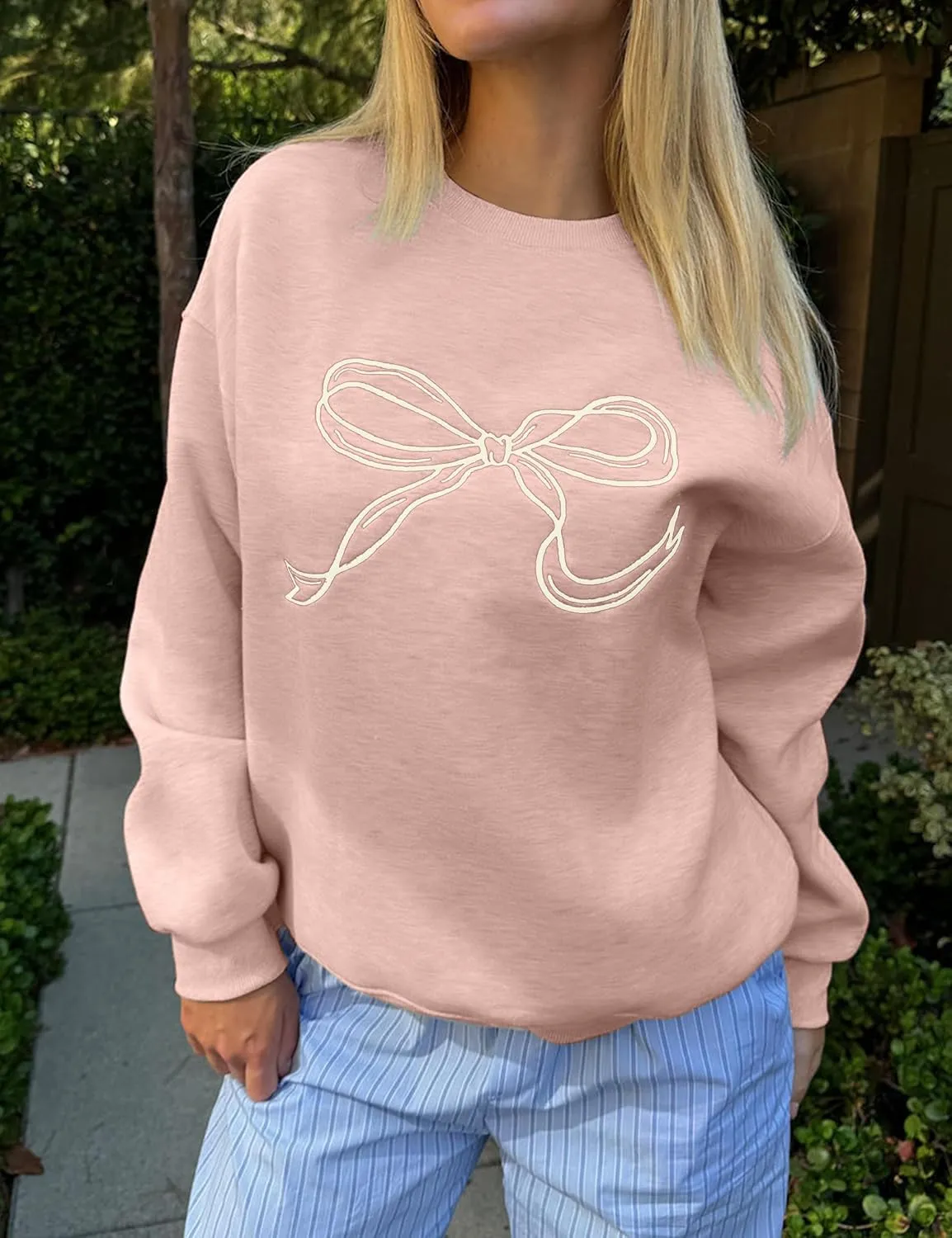 Women Oversized Sweatshirt Bow Crewneck Long Sleeve Fleece Pullover Top Clean Girl Aesthetic Fall Sweatshirt Outfits