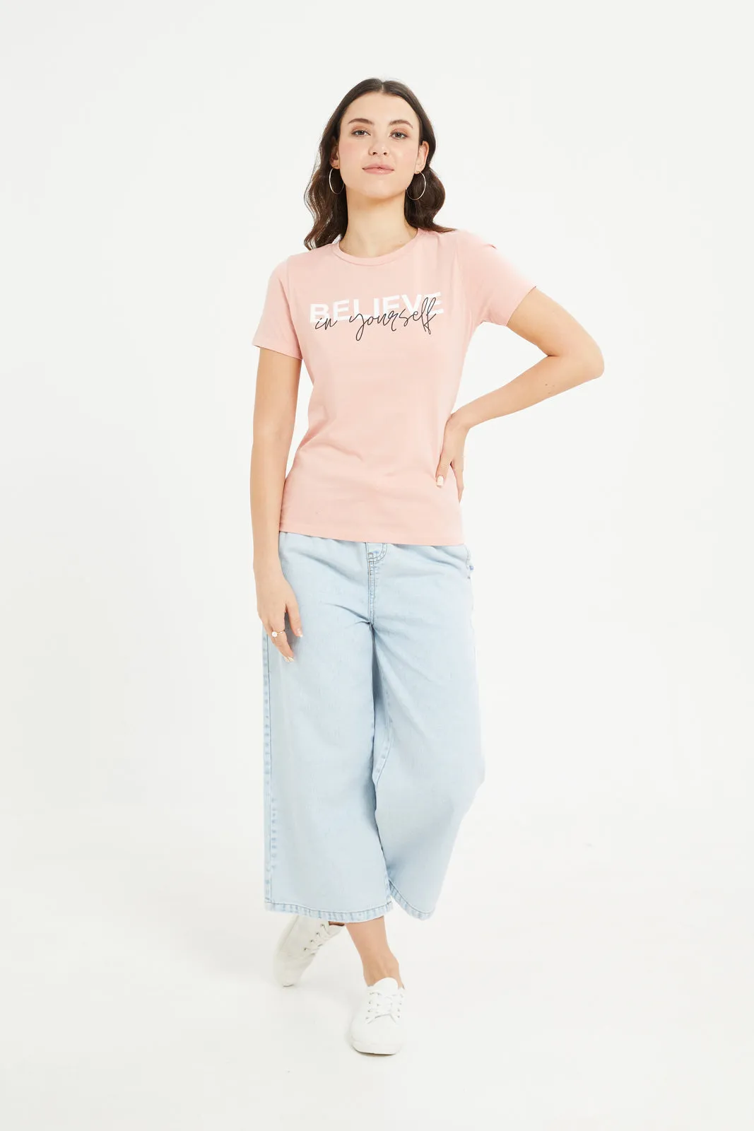 Women Pink No Bad Days Printed T-Shirt