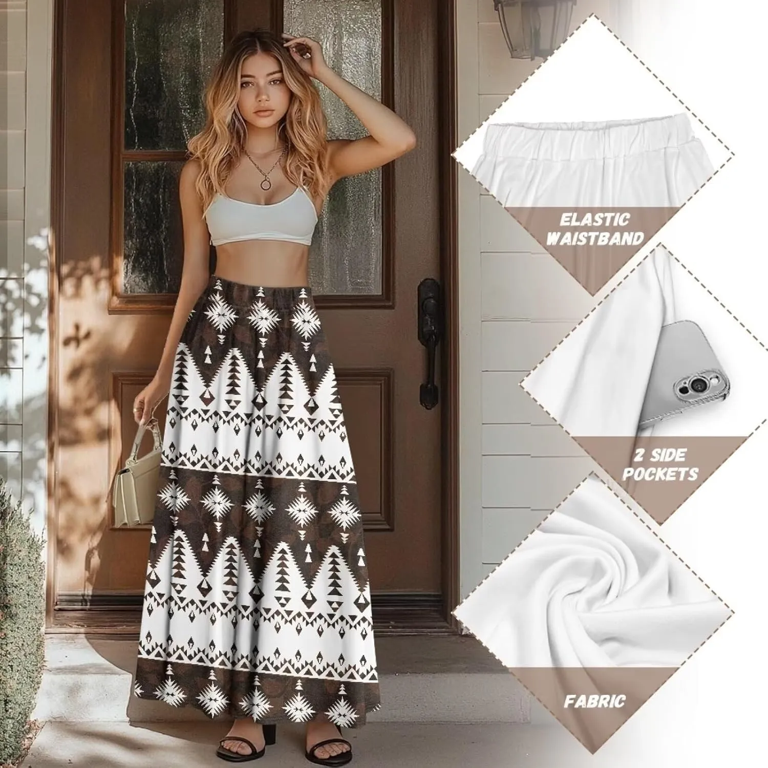 Women Summer Fashion Skirts with Pockets High Waist Pleated A-Line Flared Maxi Skirts Casual Long Skirt S-XXL