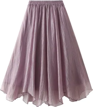 Women Tulle Skirt Elastic High Waist Irregular Hem Pleated Mesh Girl's A Line Midi Layered Skirt