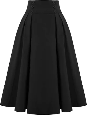 Women Vintage Skirt High Waist Pleated Button Skirts Midi A-Line Short Dress Fashion Casual Solid Swing Dresses