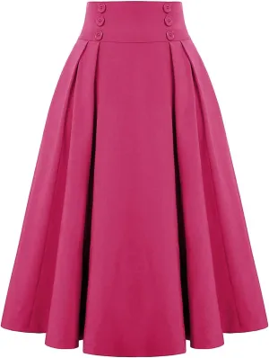 Women Vintage Skirt High Waist Pleated Button Skirts Midi A-Line Short Dress Fashion Casual Solid Swing Dresses