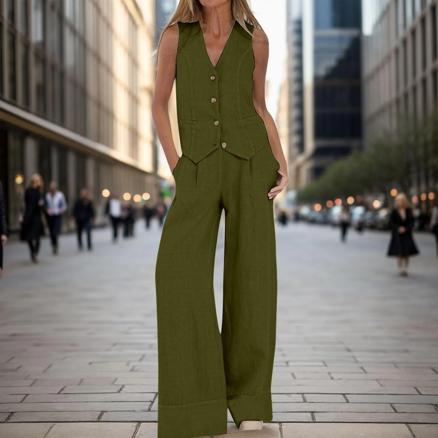 Women's 2 Piece Outfits Summer Sleeveless Suit Vest and Wide Leg Pants Business Casual Blazer Sets