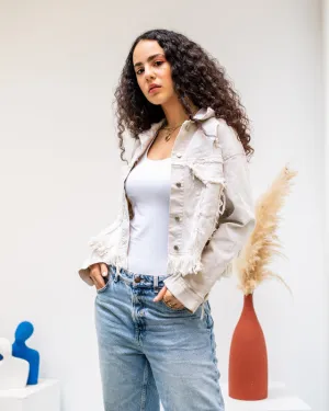 Women's Beige Fringed Denim Jacket - Stylish Casual Outerwear - Made in Egypt