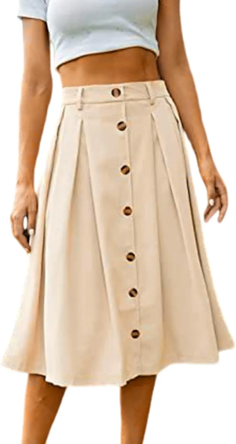 Women's Casual Button Down Midi Skirts Spring Summer High Waist A Line Knee Length Flowy Flared Pleated Skirts S-2XL
