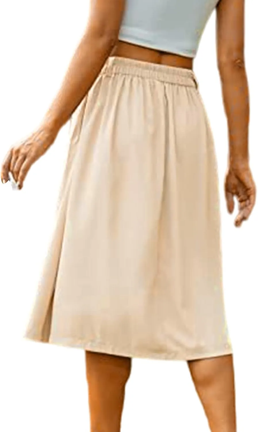 Women's Casual Button Down Midi Skirts Spring Summer High Waist A Line Knee Length Flowy Flared Pleated Skirts S-2XL