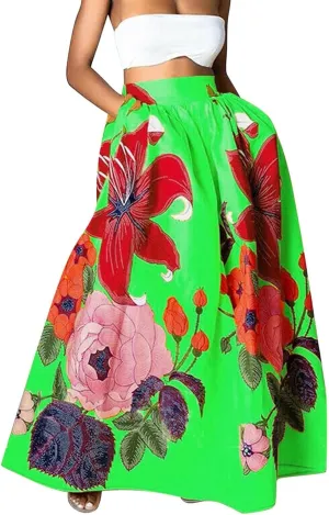 Womens Casual High Waist Skirts Vintage Boho Floral Print Loose Fit Pleated Swing Flowy Long Maxi Skirt with Pockets