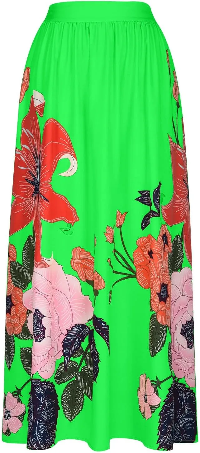 Womens Casual High Waist Skirts Vintage Boho Floral Print Loose Fit Pleated Swing Flowy Long Maxi Skirt with Pockets