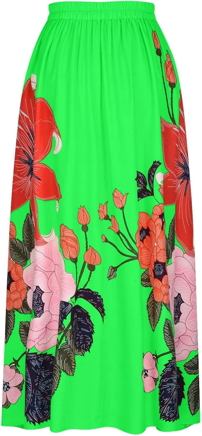 Womens Casual High Waist Skirts Vintage Boho Floral Print Loose Fit Pleated Swing Flowy Long Maxi Skirt with Pockets