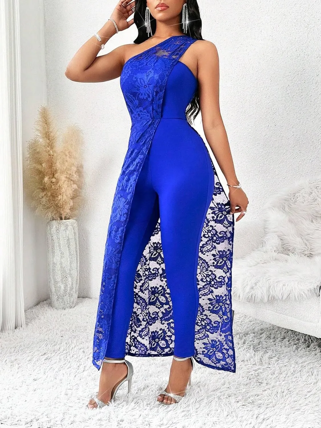 Women's Casual Loose Jumpsuits One Shoulder Royal Lace Women's Jumpsuit