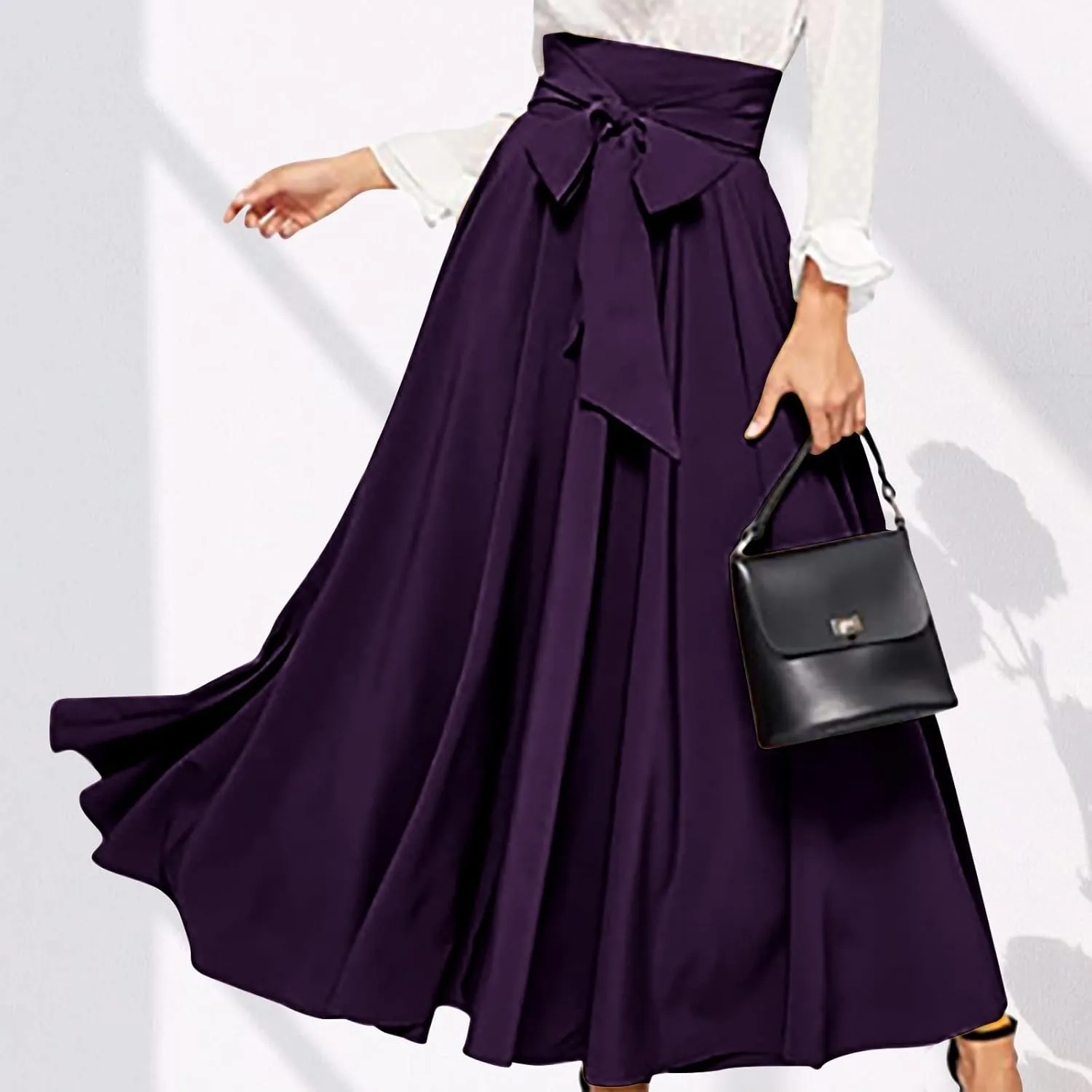 Women's Elegant High Waisted Skirt Tie Front Pleated Maxi Skirts Fashion Solid Color Flowy Swing Ankle Length Skirt