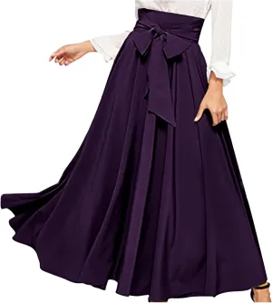 Women's Elegant High Waisted Skirt Tie Front Pleated Maxi Skirts Fashion Solid Color Flowy Swing Ankle Length Skirt