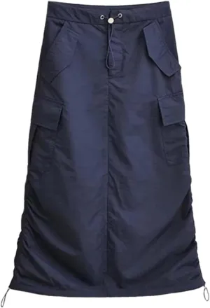 Women's High Waist Cargo Skirt Adjustable Buckle Midi Skirt Streetwear Side Drawstring Pleated Skirt with Pockets