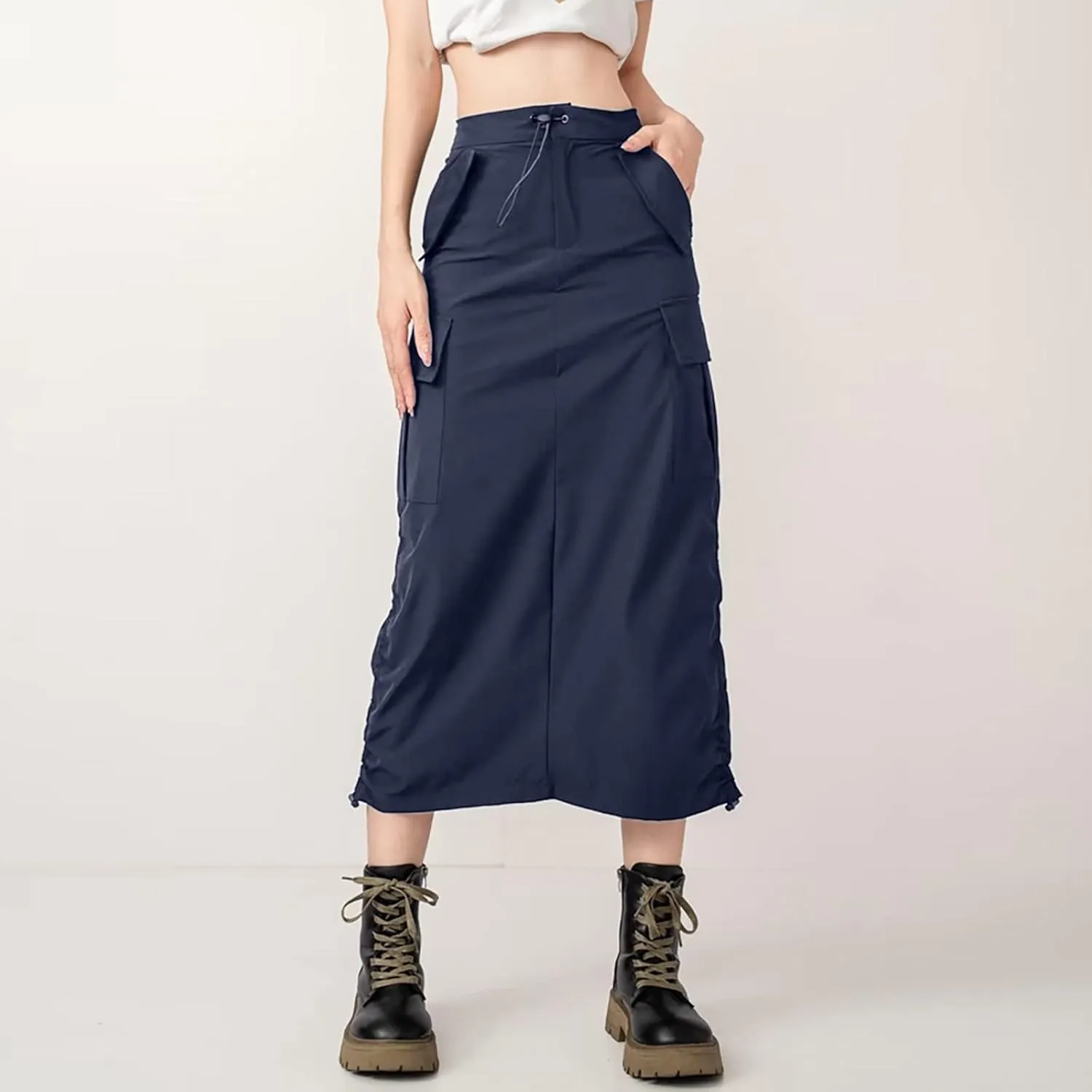 Women's High Waist Cargo Skirt Adjustable Buckle Midi Skirt Streetwear Side Drawstring Pleated Skirt with Pockets