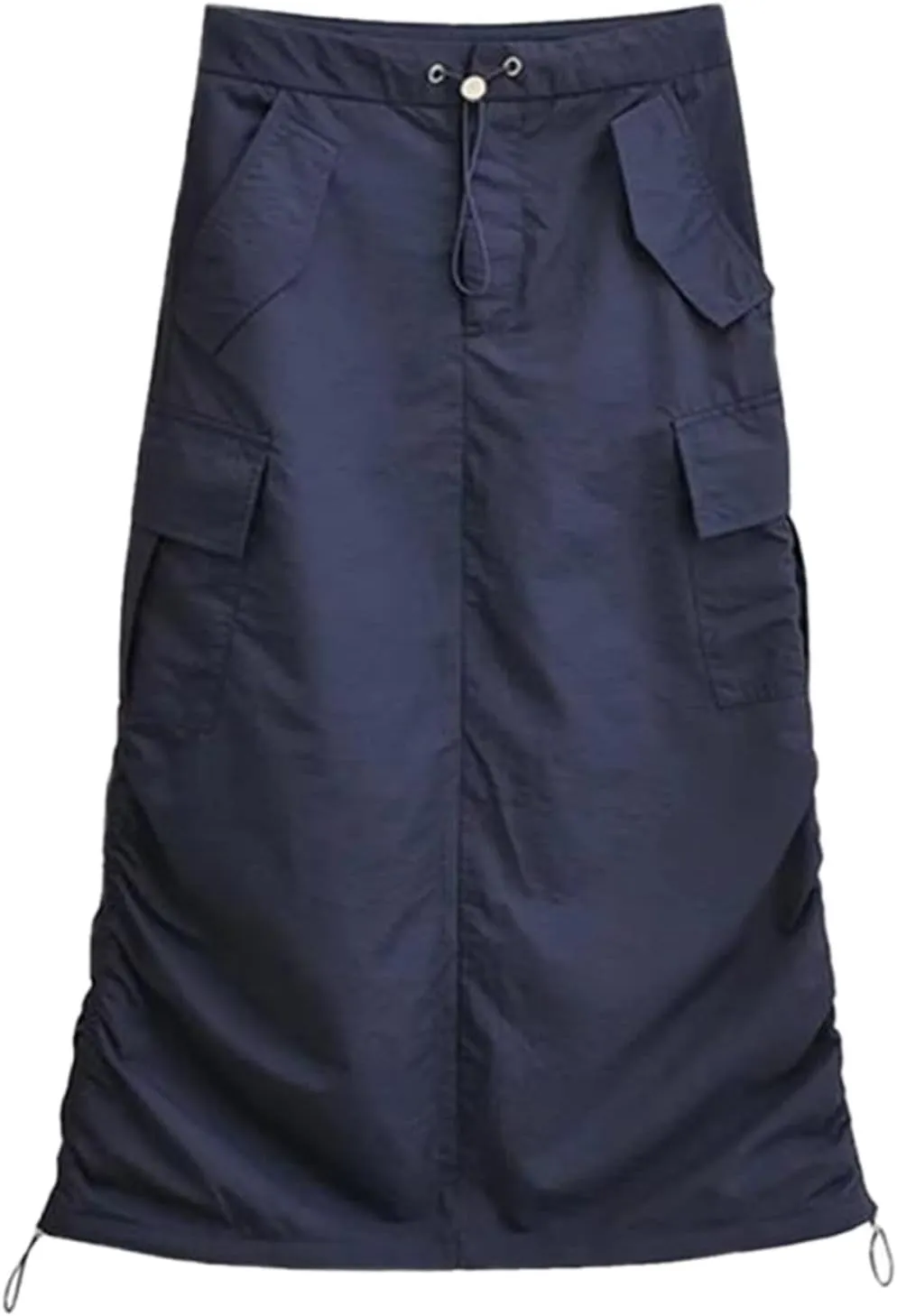 Women's High Waist Cargo Skirt Adjustable Buckle Midi Skirt Streetwear Side Drawstring Pleated Skirt with Pockets