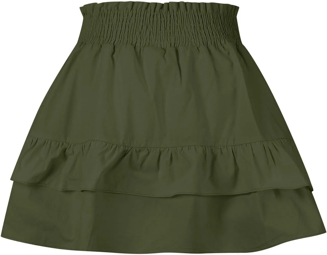 Womens High Waist Ruffle Mini Skirt Cute Tiered Short Skirt Causal Pleated Flowy Skirts Beach Vacation Flowy Skirt