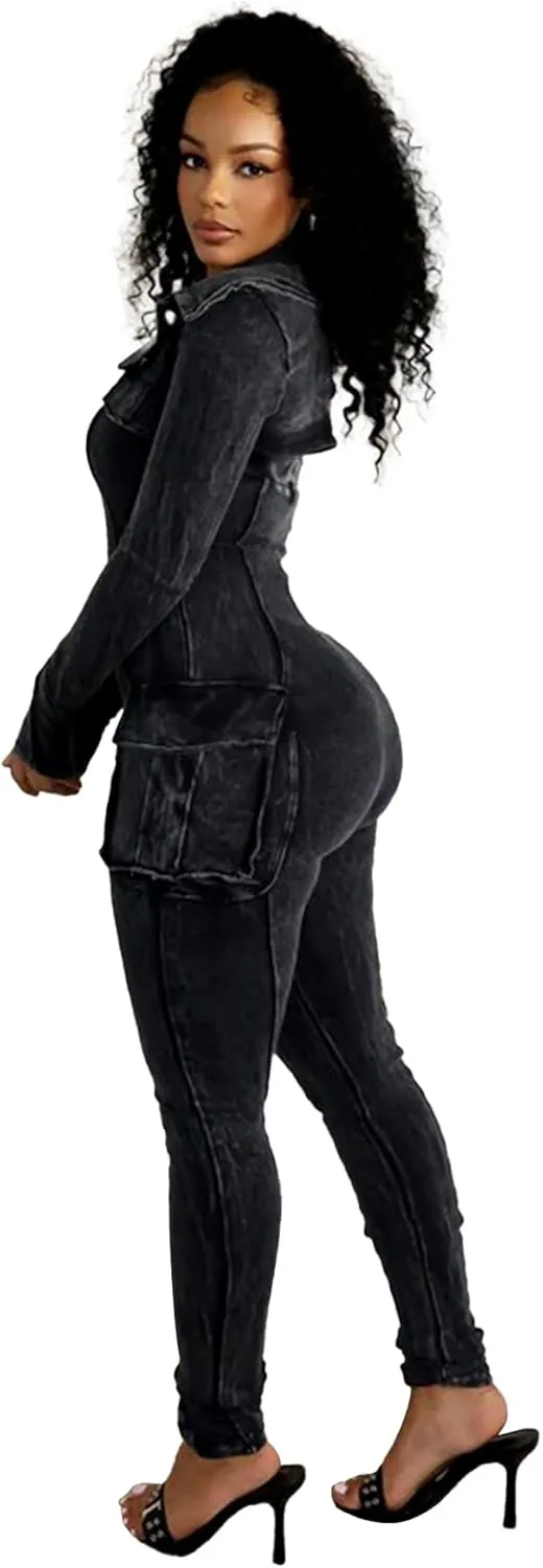 Womens Jumpsuits Casual Romper Bottom Pants Sexy Long Sleeve V Neck Top Bodycon Pant Two Piece