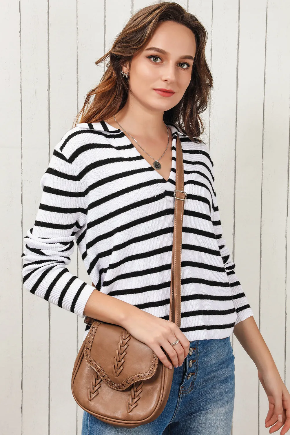 Women's Lapel Collar V Neck Black and White Stripes Pullover