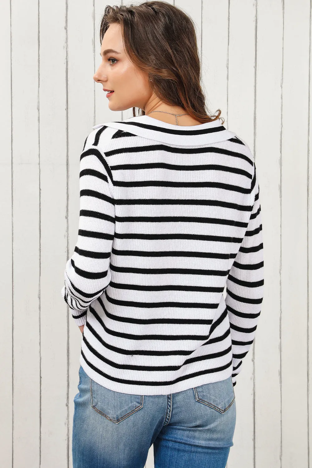 Women's Lapel Collar V Neck Black and White Stripes Pullover