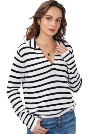 Women's Lapel Collar V Neck Black and White Stripes Pullover