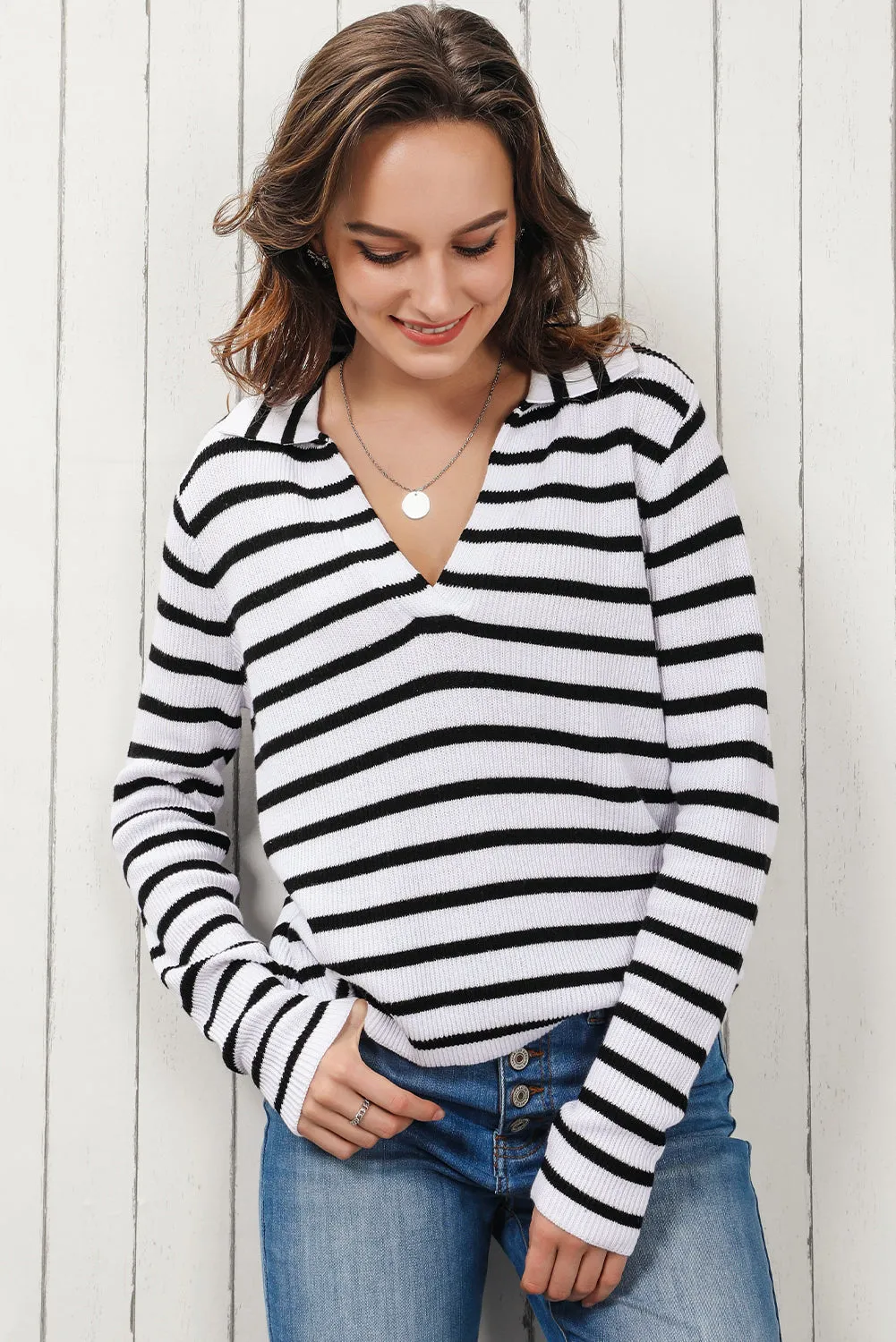 Women's Lapel Collar V Neck Black and White Stripes Pullover