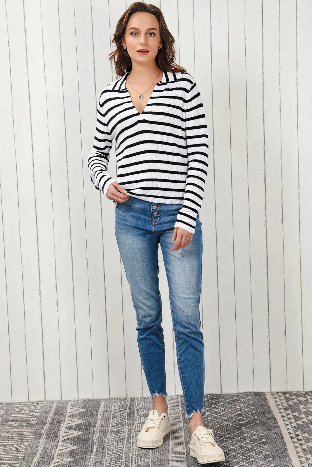 Women's Lapel Collar V Neck Black and White Stripes Pullover